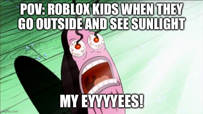 Spongebob My Eyes | POV: ROBLOX KIDS WHEN THEY GO OUTSIDE AND SEE SUNLIGHT; MY EYYYYEES! | image tagged in spongebob my eyes | made w/ Imgflip meme maker
