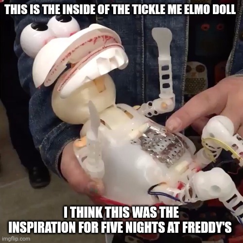 Elmo insides the inspiration for fnaf | THIS IS THE INSIDE OF THE TICKLE ME ELMO DOLL; I THINK THIS WAS THE INSPIRATION FOR FIVE NIGHTS AT FREDDY'S | image tagged in elmo | made w/ Imgflip meme maker