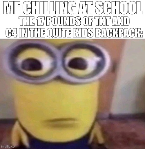 "tnt sounds" | ME CHILLING AT SCHOOL; THE 17 POUNDS OF TNT AND C4 IN THE QUITE KIDS BACKPACK: | image tagged in minion stare | made w/ Imgflip meme maker