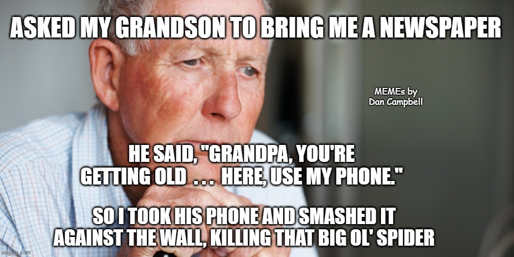 elderly old man | ASKED MY GRANDSON TO BRING ME A NEWSPAPER; MEMEs by Dan Campbell; HE SAID, "GRANDPA, YOU'RE GETTING OLD  . . .  HERE, USE MY PHONE."; SO I TOOK HIS PHONE AND SMASHED IT AGAINST THE WALL, KILLING THAT BIG OL' SPIDER | image tagged in elderly old man | made w/ Imgflip meme maker