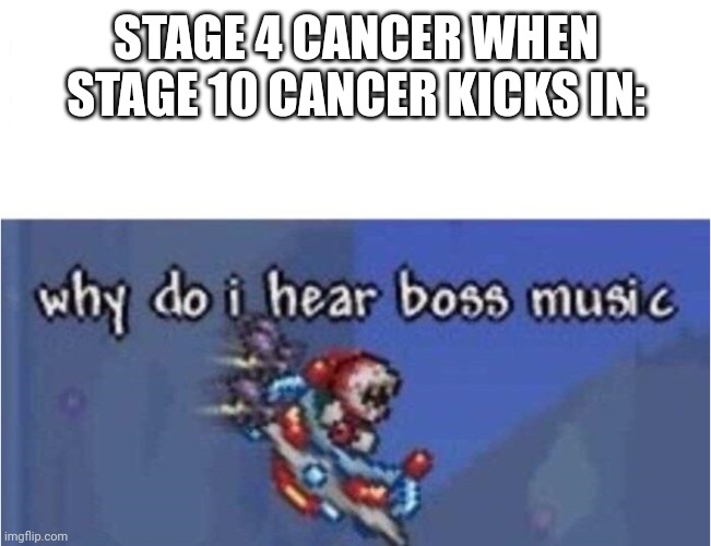 why do i hear boss music | STAGE 4 CANCER WHEN STAGE 10 CANCER KICKS IN: | image tagged in why do i hear boss music | made w/ Imgflip meme maker