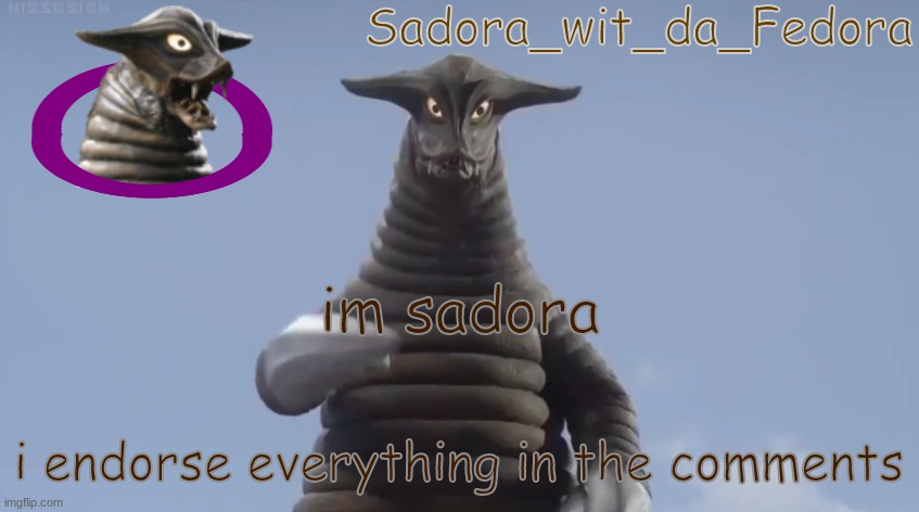 Sadora's Announcement Template | im sadora; i endorse everything in the comments | image tagged in sadora's announcement template | made w/ Imgflip meme maker