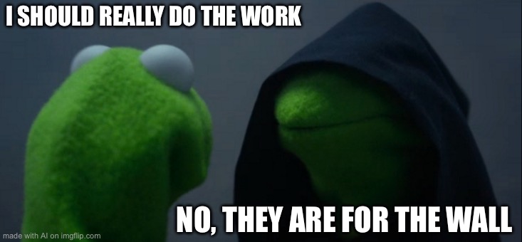 Evil Kermit | I SHOULD REALLY DO THE WORK; NO, THEY ARE FOR THE WALL | image tagged in memes,evil kermit | made w/ Imgflip meme maker