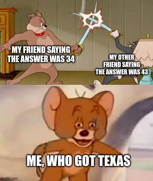 math do be like that | MY FRIEND SAYING THE ANSWER WAS 34; MY OTHER FRIEND SAYING THE ANSWER WAS 43; ME, WHO GOT TEXAS | image tagged in tom and jerry swordfight | made w/ Imgflip meme maker