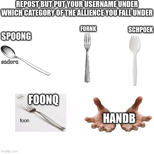 hyju | REPOST BUT PUT YOUR USERNAME UNDER WHICH CATEGORY OF THE ALLIENCE YOU FALL UNDER; SCHPOEK; SPOONG; FORNK; sadora; FOONQ; HANDB | made w/ Imgflip meme maker