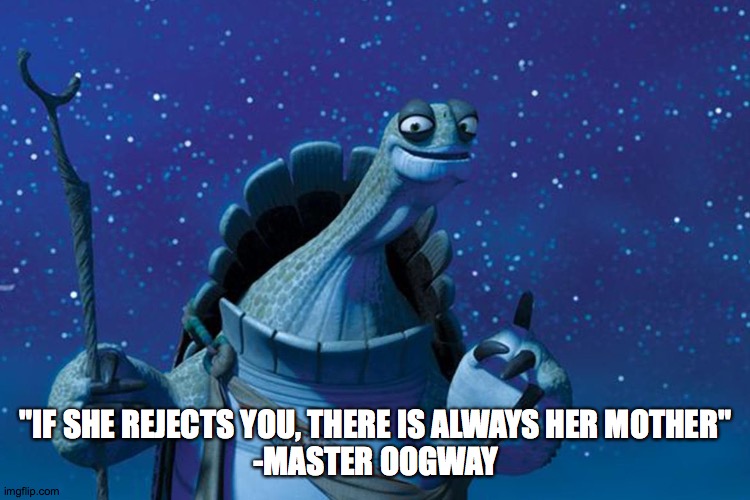Master Oogway | "IF SHE REJECTS YOU, THERE IS ALWAYS HER MOTHER"
-MASTER OOGWAY | image tagged in master oogway | made w/ Imgflip meme maker