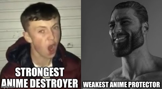 Most powerful anime destroyer vs least powerful anime defender | STRONGEST ANIME DESTROYER; WEAKEST ANIME PROTECTOR | image tagged in average enjoyer meme,anime,anti anime,no anime,anime meme | made w/ Imgflip meme maker