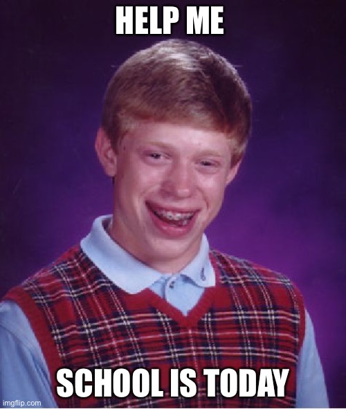 Help me | HELP ME; SCHOOL IS TODAY | image tagged in memes,bad luck brian,school | made w/ Imgflip meme maker
