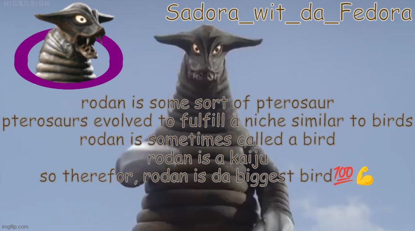 vgr | rodan is some sort of pterosaur
pterosaurs evolved to fulfill a niche similar to birds
rodan is sometimes called a bird
rodan is a kaiju
so therefor, rodan is da biggest bird💯💪 | made w/ Imgflip meme maker