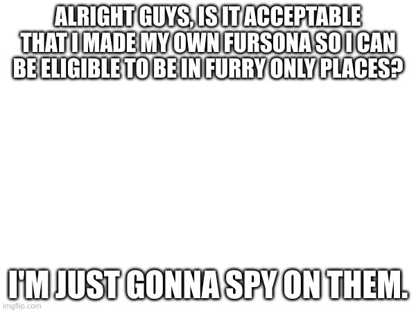 spying sounds like a good job, im officially undercover | ALRIGHT GUYS, IS IT ACCEPTABLE THAT I MADE MY OWN FURSONA SO I CAN BE ELIGIBLE TO BE IN FURRY ONLY PLACES? I'M JUST GONNA SPY ON THEM. | image tagged in anti furry,spy | made w/ Imgflip meme maker