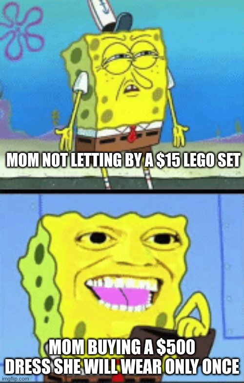 ''Its only $15 but you spend almost all your money on purse?'' | MOM NOT LETTING BY A $15 LEGO SET; MOM BUYING A $500 DRESS SHE WILL WEAR ONLY ONCE | image tagged in spongebob money | made w/ Imgflip meme maker