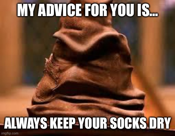 Keep your socks dry | MY ADVICE FOR YOU IS…; ALWAYS KEEP YOUR SOCKS DRY | image tagged in harry potter sorting hat | made w/ Imgflip meme maker