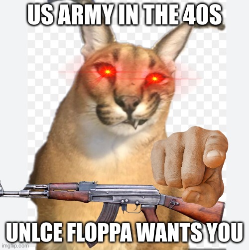 ready for war sonny | US ARMY IN THE 40S; UNLCE FLOPPA WANTS YOU | image tagged in floppa | made w/ Imgflip meme maker