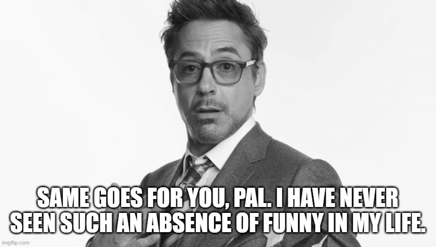 Robert Downey Jr's Comments | SAME GOES FOR YOU, PAL. I HAVE NEVER SEEN SUCH AN ABSENCE OF FUNNY IN MY LIFE. | image tagged in robert downey jr's comments | made w/ Imgflip meme maker