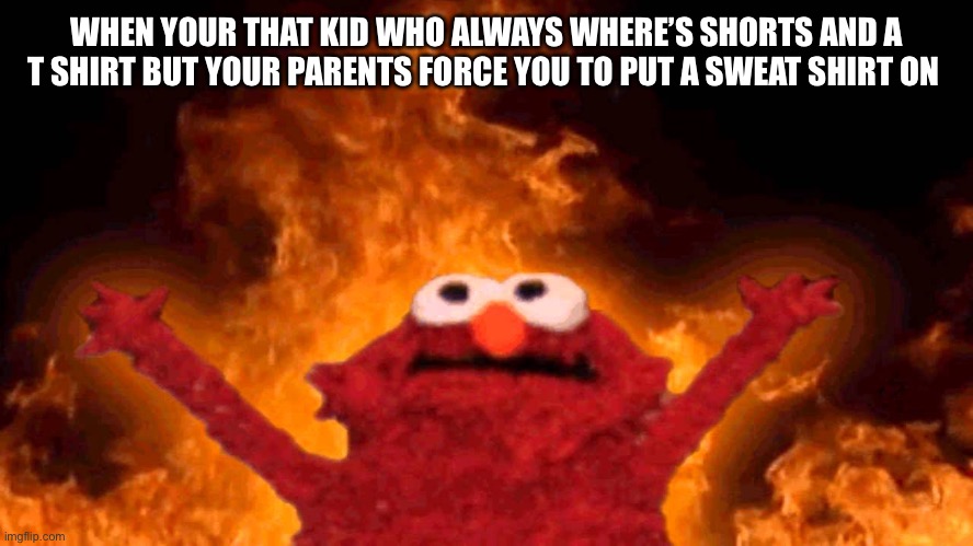 That one kid | WHEN YOUR THAT KID WHO ALWAYS WHERE’S SHORTS AND A T SHIRT BUT YOUR PARENTS FORCE YOU TO PUT A SWEAT SHIRT ON | image tagged in elmo fire,kids | made w/ Imgflip meme maker