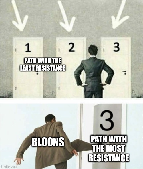 Three doors | PATH WITH THE LEAST RESISTANCE PATH WITH THE MOST RESISTANCE BLOONS | image tagged in three doors | made w/ Imgflip meme maker