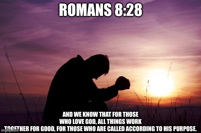 My Priest's favorite Bible Verse | ROMANS 8:28; AND WE KNOW THAT FOR THOSE WHO LOVE GOD, ALL THINGS WORK TOGETHER FOR GOOD, FOR THOSE WHO ARE CALLED ACCORDING TO HIS PURPOSE. | image tagged in pray,bible,god,jesus | made w/ Imgflip meme maker