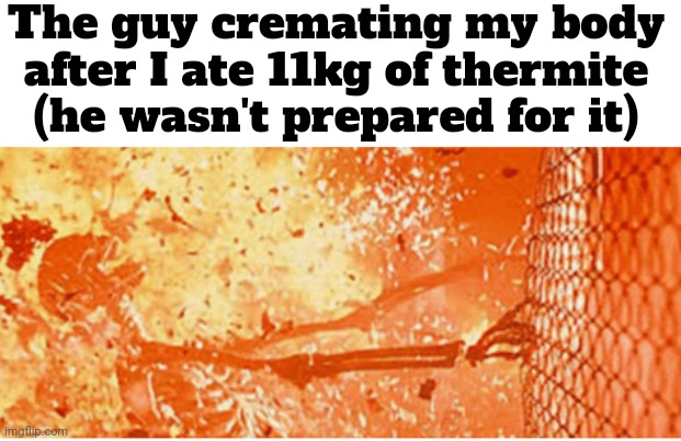 Now who's getting cremated? | The guy cremating my body after I ate 11kg of thermite
(he wasn't prepared for it) | image tagged in skeleton on fire,memes | made w/ Imgflip meme maker
