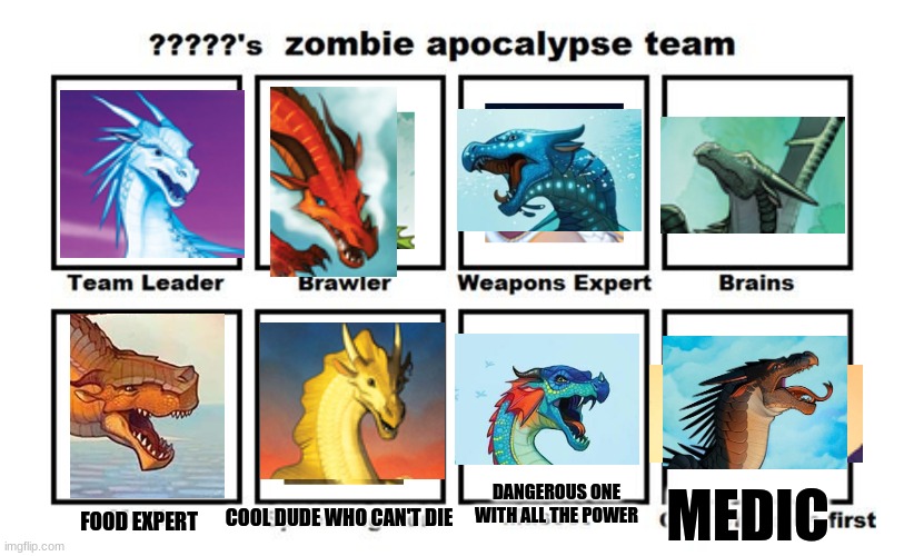 Mah Zombie Apocalypse Team | DANGEROUS ONE WITH ALL THE POWER; MEDIC; FOOD EXPERT; COOL DUDE WHO CAN'T DIE | image tagged in mah zombie apocalypse team | made w/ Imgflip meme maker