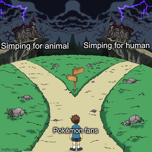 Two paths | Simping for animal; Simping for human; Pokémon fans | image tagged in two paths | made w/ Imgflip meme maker