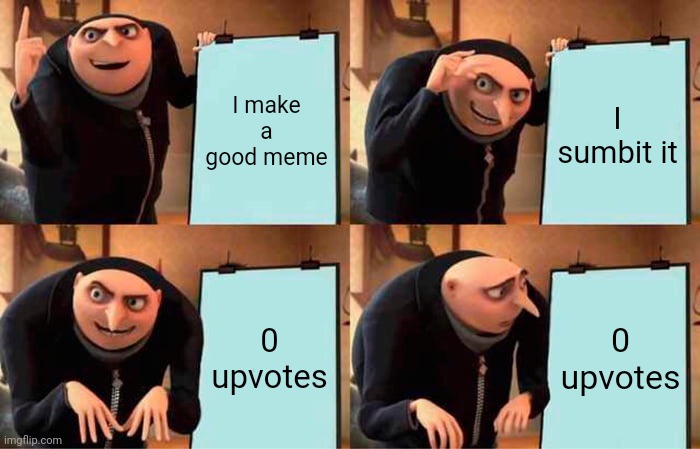 Gru's Plan | I make a good meme; I sumbit it; 0 upvotes; 0 upvotes | image tagged in memes,gru's plan | made w/ Imgflip meme maker