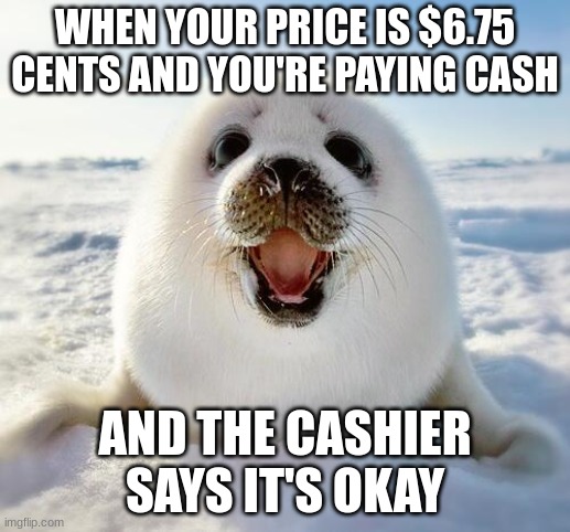 IT'S JUST, MMMMMMMMMMMMMMMMMMMMMMMMMMM | WHEN YOUR PRICE IS $6.75 CENTS AND YOU'RE PAYING CASH; AND THE CASHIER SAYS IT'S OKAY | image tagged in the happy seal | made w/ Imgflip meme maker