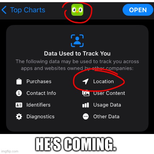 oh wait a minute | HE’S COMING. | image tagged in duolingo | made w/ Imgflip meme maker