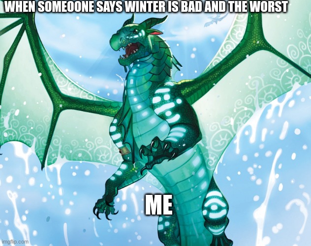 winter is best! | WHEN SOMEOONE SAYS WINTER IS BAD AND THE WORST; ME | image tagged in dragon from wings of fire | made w/ Imgflip meme maker
