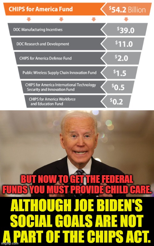 What? Does He Not Remember What The Chips Act Includes? | BUT NOW TO GET THE FEDERAL FUNDS YOU MUST PROVIDE CHILD CARE. ALTHOUGH JOE BIDEN'S SOCIAL GOALS ARE NOT A PART OF THE CHIPS ACT. | image tagged in memes,politics,joe biden,chips,act,babysitting | made w/ Imgflip meme maker