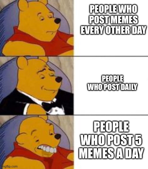 That’s just to much man | PEOPLE WHO POST MEMES EVERY OTHER DAY; PEOPLE WHO POST DAILY; PEOPLE WHO POST 5 MEMES A DAY | image tagged in winne the poo | made w/ Imgflip meme maker