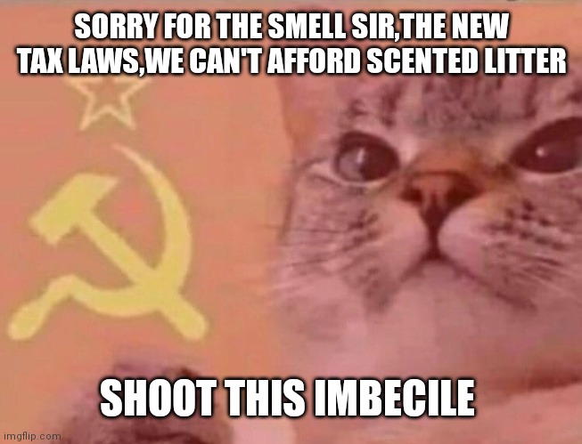 Communist cat | SORRY FOR THE SMELL SIR,THE NEW TAX LAWS,WE CAN'T AFFORD SCENTED LITTER; SHOOT THIS IMBECILE | image tagged in communist cat | made w/ Imgflip meme maker