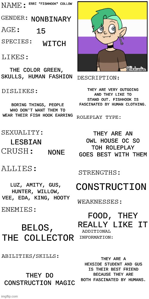 ((SEASON 3 THE OWL HOUSE ROLEPLAY)) You see them walking around a clothing store. WDYD? | ERRI "FISHHOOK" COLLOW; NONBINARY; 15; WITCH; THE COLOR GREEN, SKULLS, HUMAN FASHION; THEY ARE VERY OUTGOING AND THEY LIKE TO STAND OUT. FISHHOOK IS FASCINATED BY HUMAN CLOTHING. BORING THINGS, PEOPLE WHO DON'T WANT THEM TO WEAR THEIR FISH HOOK EARRING; THEY ARE AN OWL HOUSE OC SO TOH ROLEPLAY GOES BEST WITH THEM; LESBIAN; NONE; CONSTRUCTION; LUZ, AMITY, GUS, HUNTER, WILLOW, VEE, EDA, KING, HOOTY; FOOD, THEY REALLY LIKE IT; BELOS, THE COLLECTOR; THEY ARE A HEXSIDE STUDENT AND GUS IS THEIR BEST FRIEND BECAUSE THEY ARE BOTH FASCINATED BY HUMANS. THEY DO CONSTRUCTION MAGIC | image tagged in updated roleplay oc showcase,bio,the owl house | made w/ Imgflip meme maker