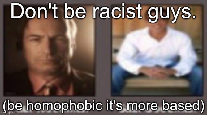 paul vs saul | Don't be racist guys. (be homophobic it's more based) | image tagged in paul vs saul | made w/ Imgflip meme maker
