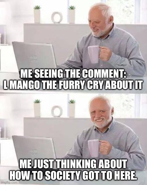 Hide the Pain Harold Meme | ME SEEING THE COMMENT: L MANGO THE FURRY CRY ABOUT IT; ME JUST THINKING ABOUT HOW TO SOCIETY GOT TO HERE. | image tagged in memes,hide the pain harold | made w/ Imgflip meme maker