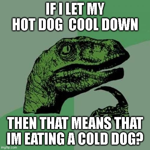 Philosoraptor Meme | IF I LET MY HOT DOG  COOL DOWN; THEN THAT MEANS THAT IM EATING A COLD DOG? | image tagged in memes,philosoraptor | made w/ Imgflip meme maker