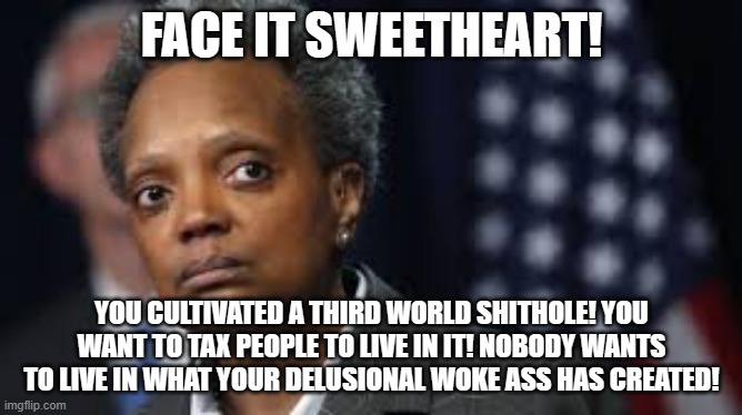 Lori Lightfoot created a masterpiece that only she can see the beauty in. | FACE IT SWEETHEART! YOU CULTIVATED A THIRD WORLD SHITHOLE! YOU WANT TO TAX PEOPLE TO LIVE IN IT! NOBODY WANTS TO LIVE IN WHAT YOUR DELUSIONAL WOKE ASS HAS CREATED! | image tagged in chicago,mayor,woke,democrats | made w/ Imgflip meme maker