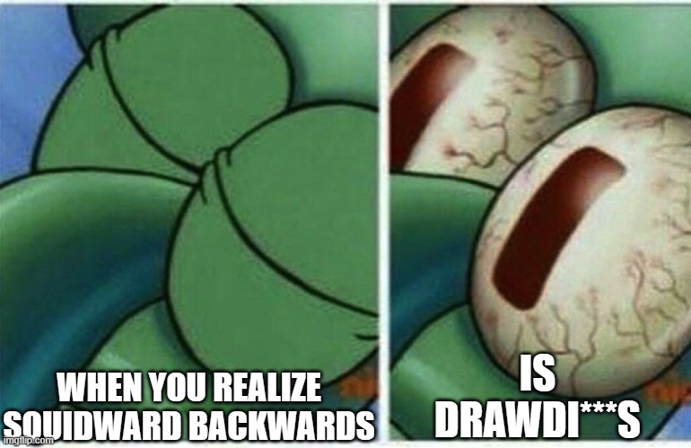Squidward | IS DRAWDI***S; WHEN YOU REALIZE SQUIDWARD BACKWARDS | image tagged in squidward | made w/ Imgflip meme maker