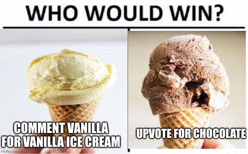 UPVOTE FOR CHOCOLATE; COMMENT VANILLA FOR VANILLA ICE CREAM | image tagged in ice cream,who would win | made w/ Imgflip meme maker