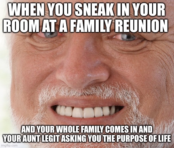 …and a random baby on your bed X-X | WHEN YOU SNEAK IN YOUR ROOM AT A FAMILY REUNION; AND YOUR WHOLE FAMILY COMES IN AND YOUR AUNT LEGIT ASKING YOU THE PURPOSE OF LIFE | image tagged in hide the pain harold | made w/ Imgflip meme maker