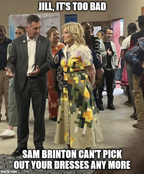 Jill Biden Dress from Hell | JILL, IT'S TOO BAD; SAM BRINTON CAN'T PICK OUT YOUR DRESSES ANY MORE | image tagged in jill biden dress | made w/ Imgflip meme maker
