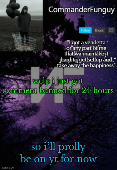 dm me if you wanna know why | welp i just got comment banned for 24 hours; so i’ll prolly be on yt for now | image tagged in commanderfunguy nf template thx yachi | made w/ Imgflip meme maker