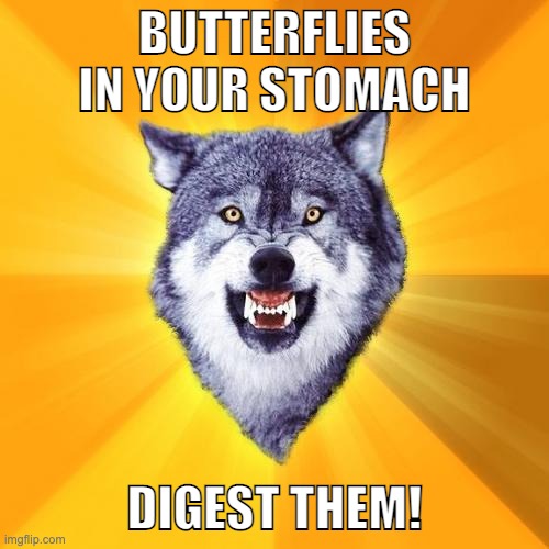 I don't wanna see what the poop will look like... | BUTTERFLIES IN YOUR STOMACH; DIGEST THEM! | image tagged in memes,courage wolf | made w/ Imgflip meme maker