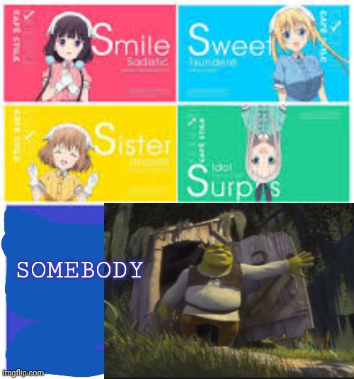 (Insert clever title here) | SOMEBODY | image tagged in s stands for,shrek,anime,all star,smash mouth | made w/ Imgflip meme maker