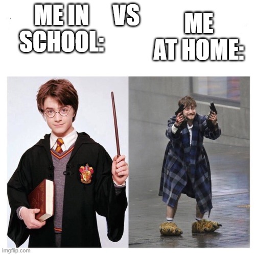 Harry vs HARRY |  ME AT HOME:; ME IN SCHOOL:; VS | image tagged in harry vs harry,harrypottah,harry potter meme,harry potter crazy,funny | made w/ Imgflip meme maker