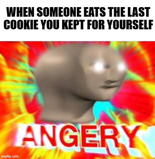 relatable ? | WHEN SOMEONE EATS THE LAST COOKIE YOU KEPT FOR YOURSELF | image tagged in surreal angery,cookies | made w/ Imgflip meme maker