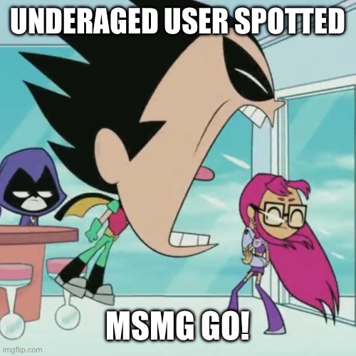 e | UNDERAGED USER SPOTTED; MSMG GO! | image tagged in robin yelling at starfire | made w/ Imgflip meme maker