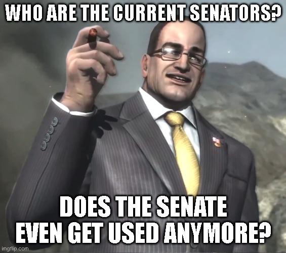 Senator Armstrong | WHO ARE THE CURRENT SENATORS? DOES THE SENATE EVEN GET USED ANYMORE? | image tagged in senator armstrong | made w/ Imgflip meme maker