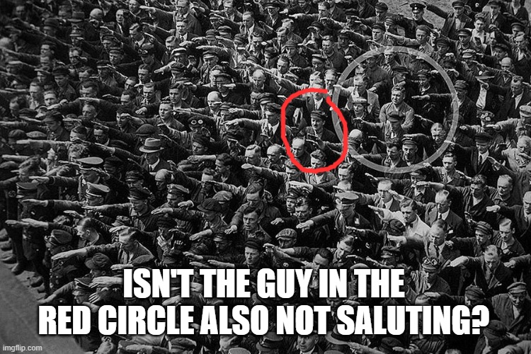 how did this other guy get away with it? | ISN'T THE GUY IN THE RED CIRCLE ALSO NOT SALUTING? | image tagged in memes | made w/ Imgflip meme maker