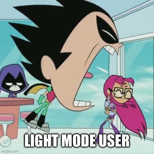 Robin Yelling at Starfire | LIGHT MODE USER | image tagged in robin yelling at starfire | made w/ Imgflip meme maker