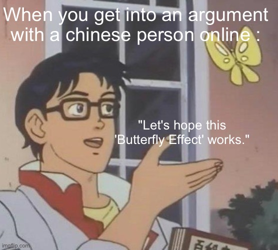 ?? | When you get into an argument with a chinese person online :; "Let's hope this 'Butterfly Effect' works." | made w/ Imgflip meme maker